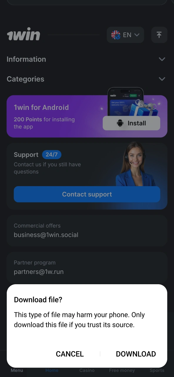 Tap Download in pop‑up to get 1win APK.