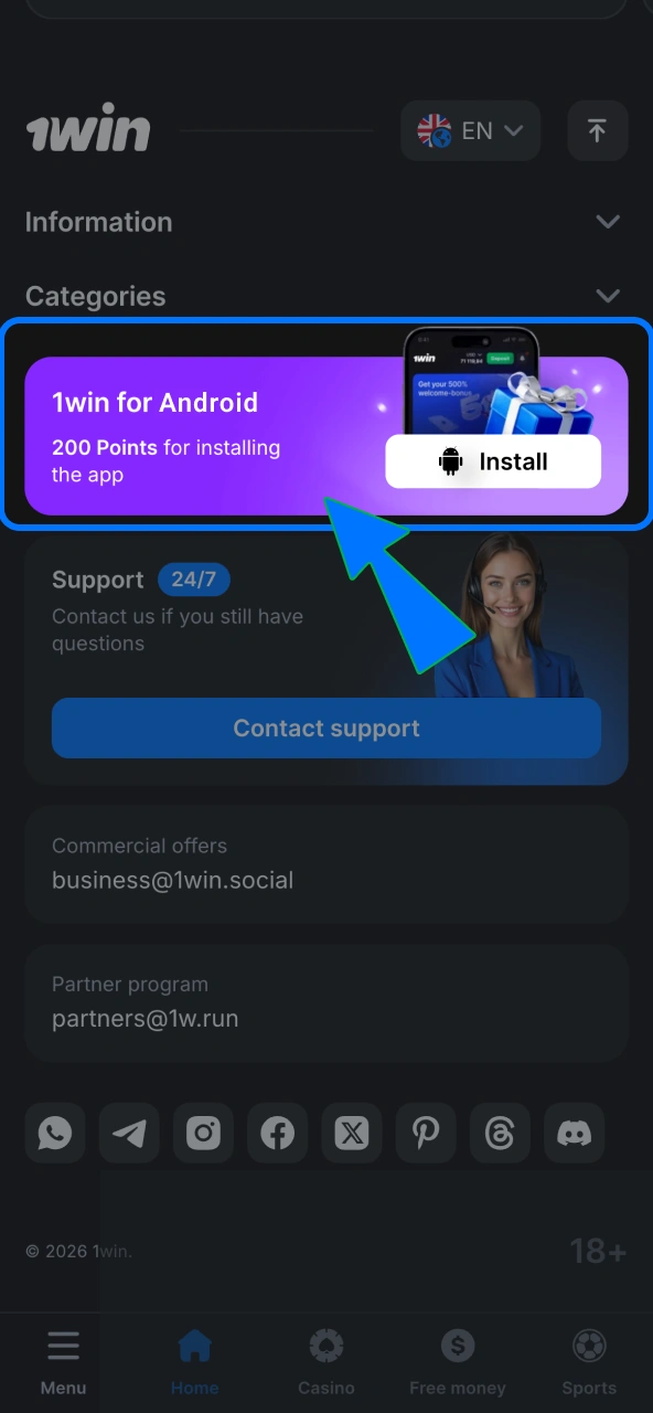 1win APK installs quickly via download section.