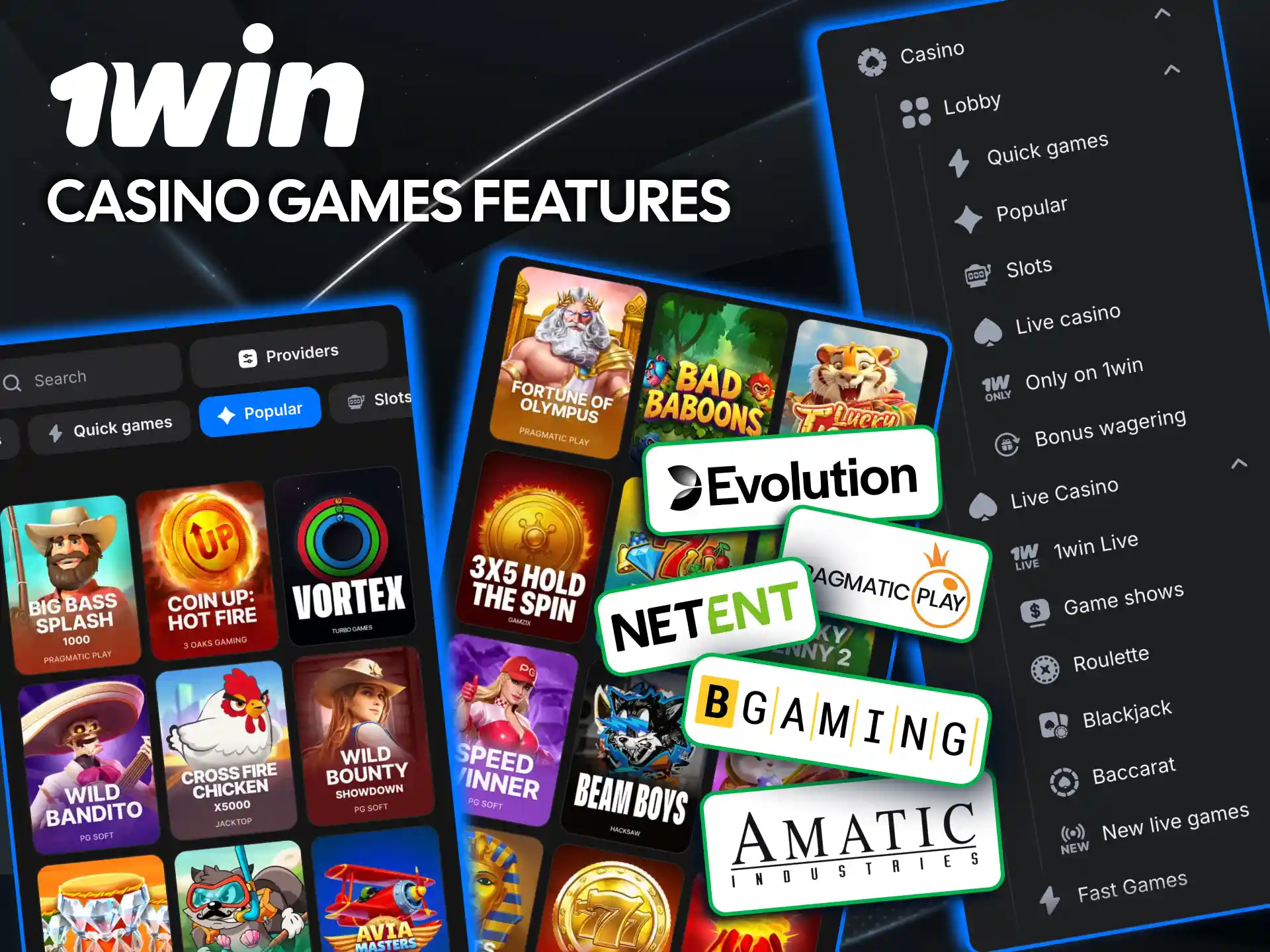 1win casino offers slots, tables, live dealer and crash.