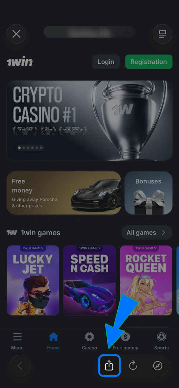 1win site shares easily via bottom Share button.