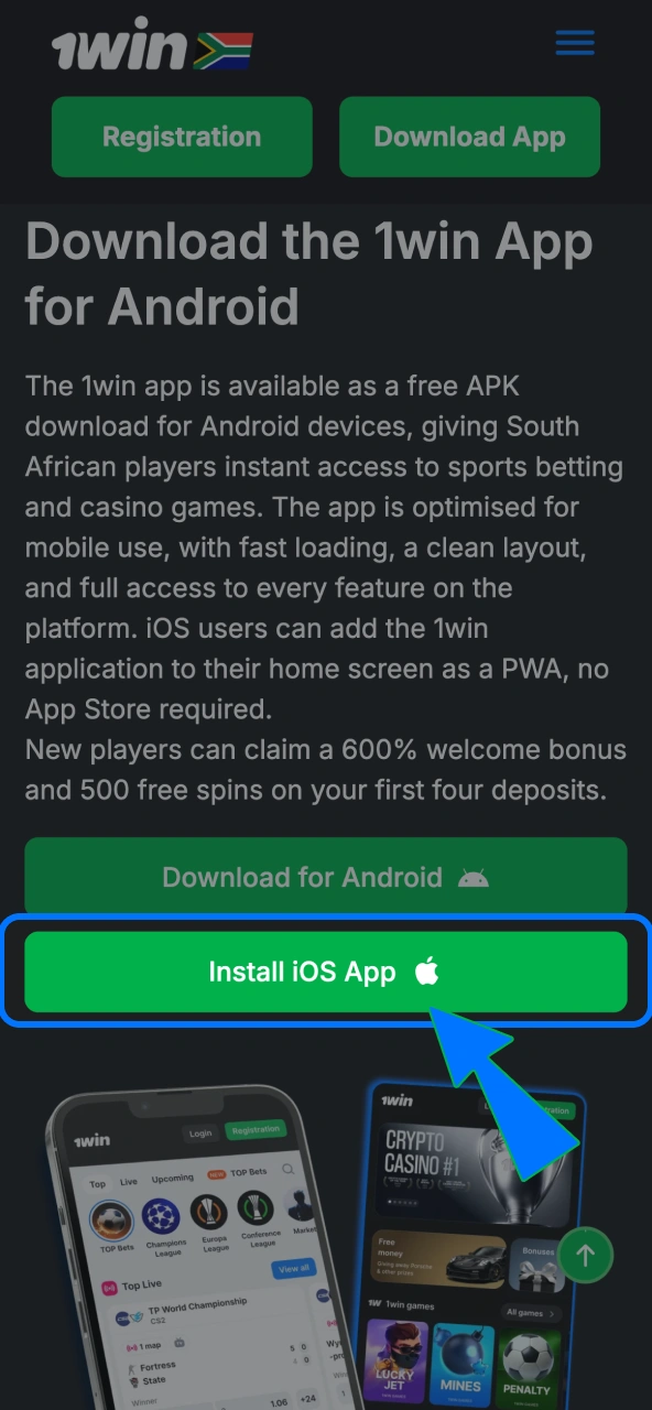 1win iOS download starts with Safari link.