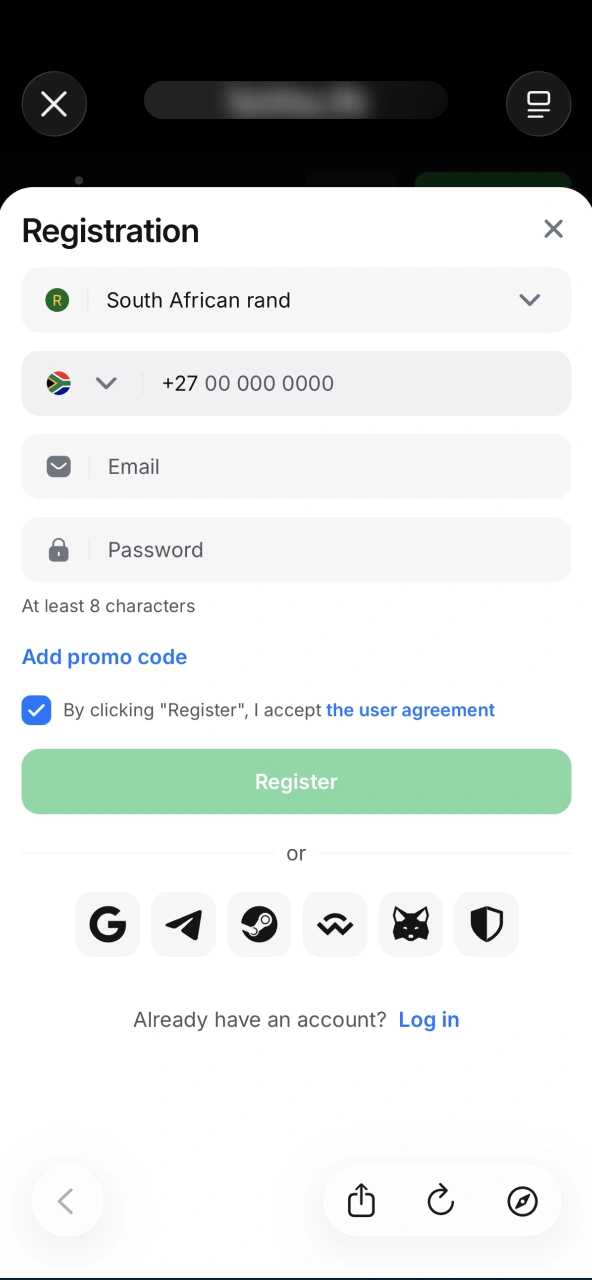 Create 1win account or enter existing details.