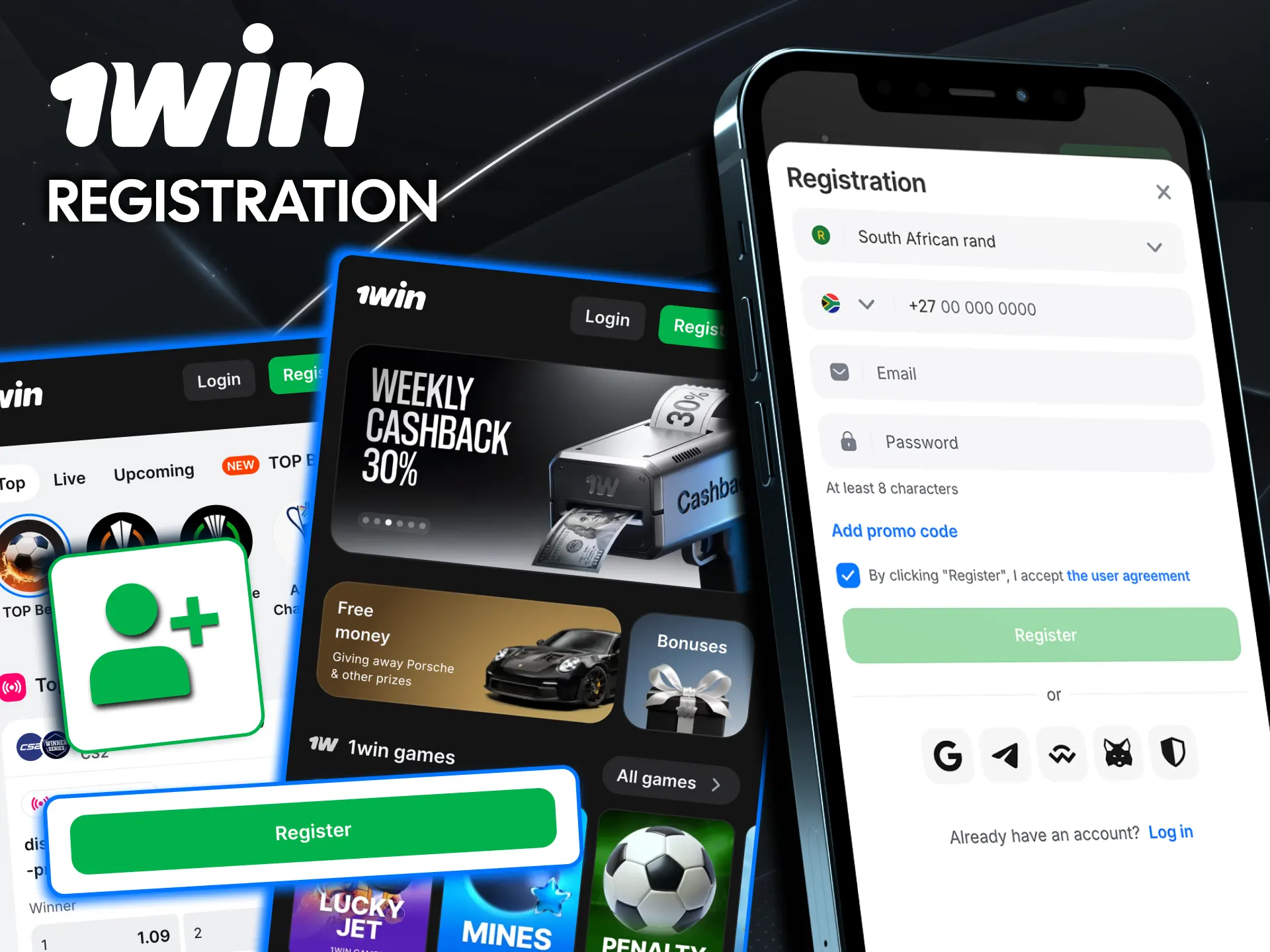 Register quickly on 1win app with phone, email or social.
