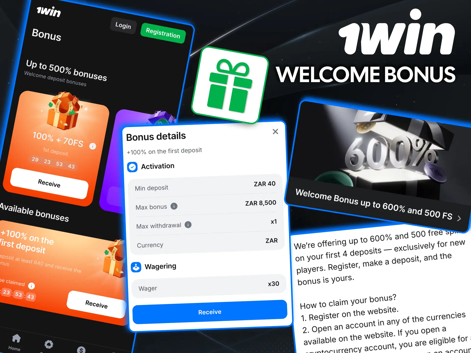 South Africans enjoy identical welcome package on 1win app.