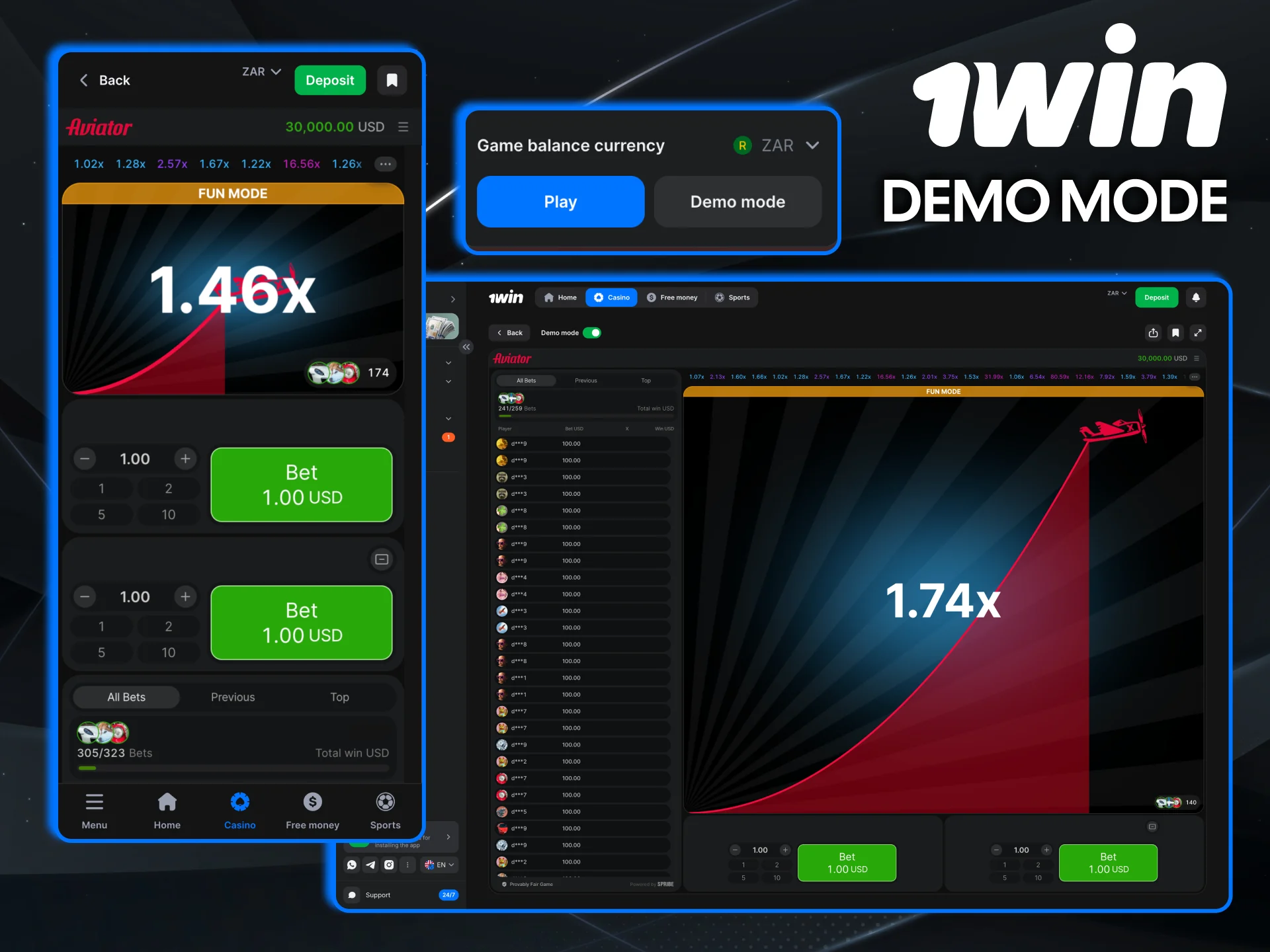 Practise Aviator safely with demo mode on 1win.