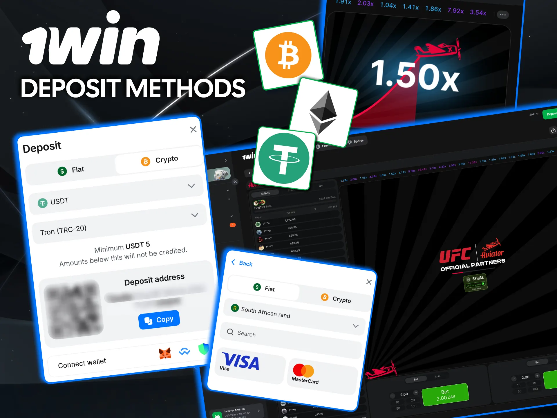 Fund 1win Aviator with Visa, Mastercard or crypto.