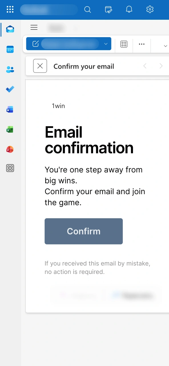 Email confirmation completes 1win account verification.