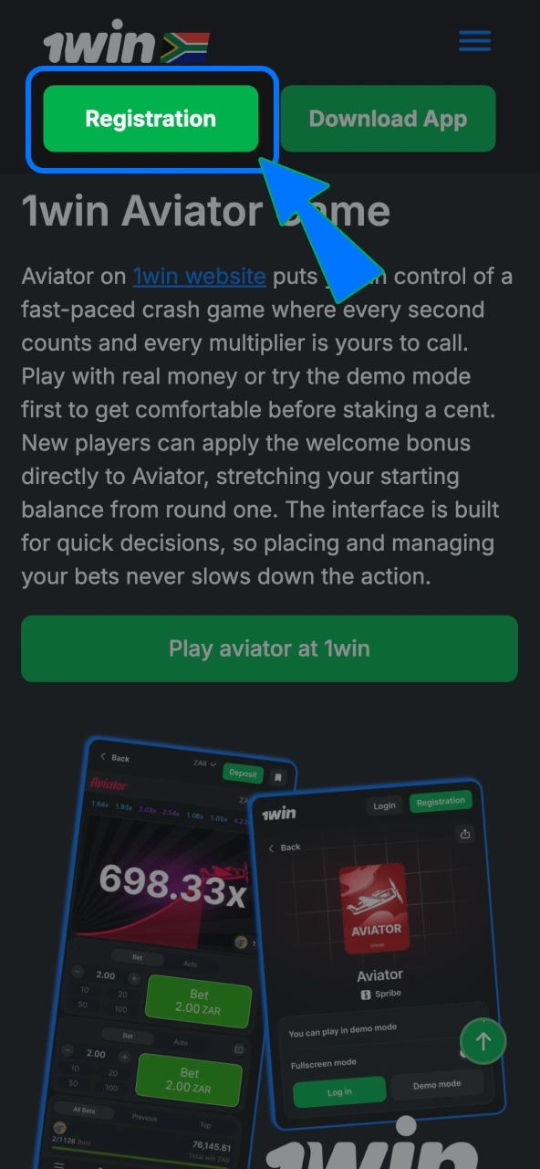 Click register to create your 1win account.