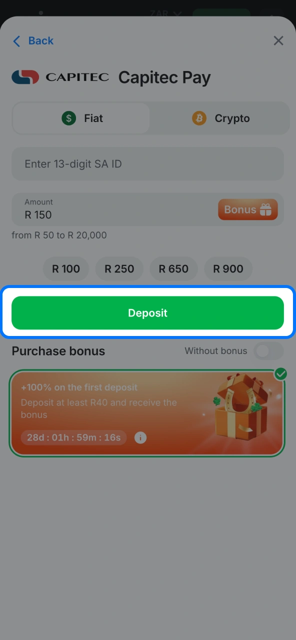 Confirm deposit to update 1win account balance.