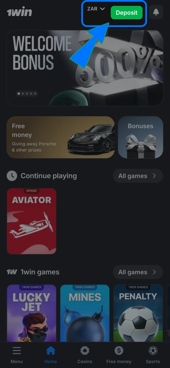 Find cashier tab in 1win account menu.