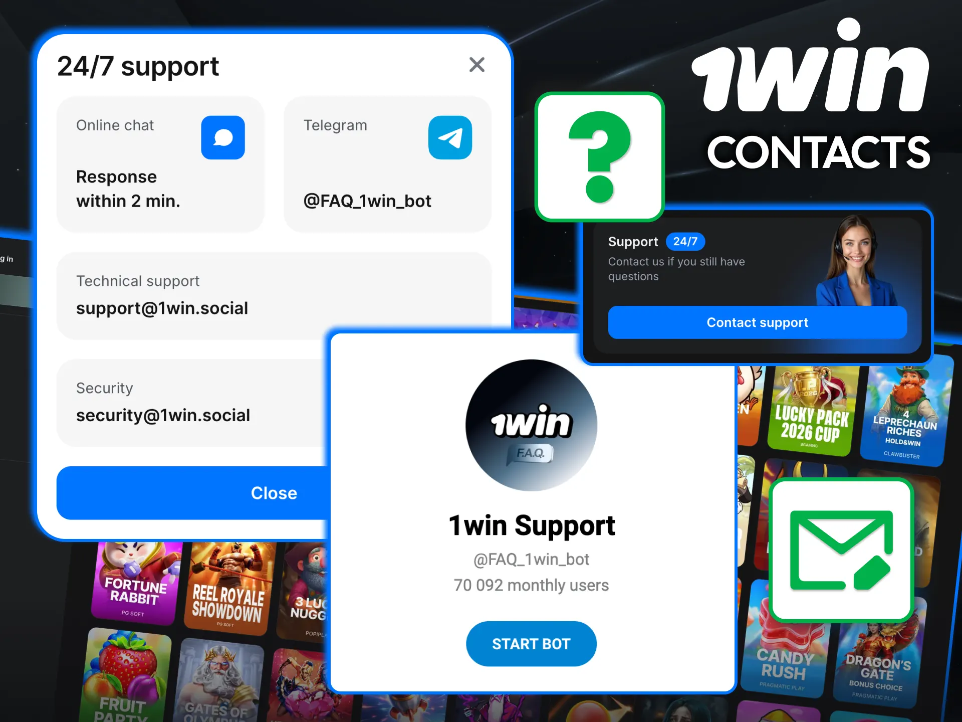 1win provides 24/7 support via chat, email and Telegram.