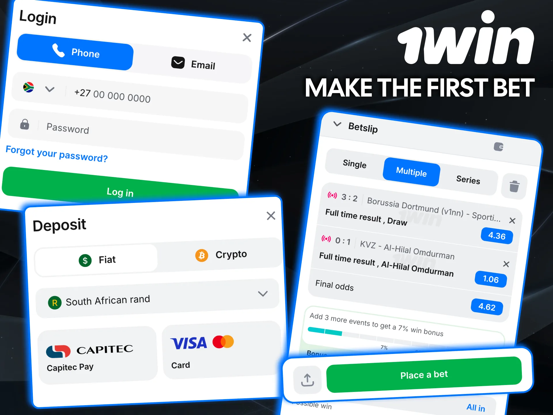 1win betting starts with login, selection stake and confirmation.