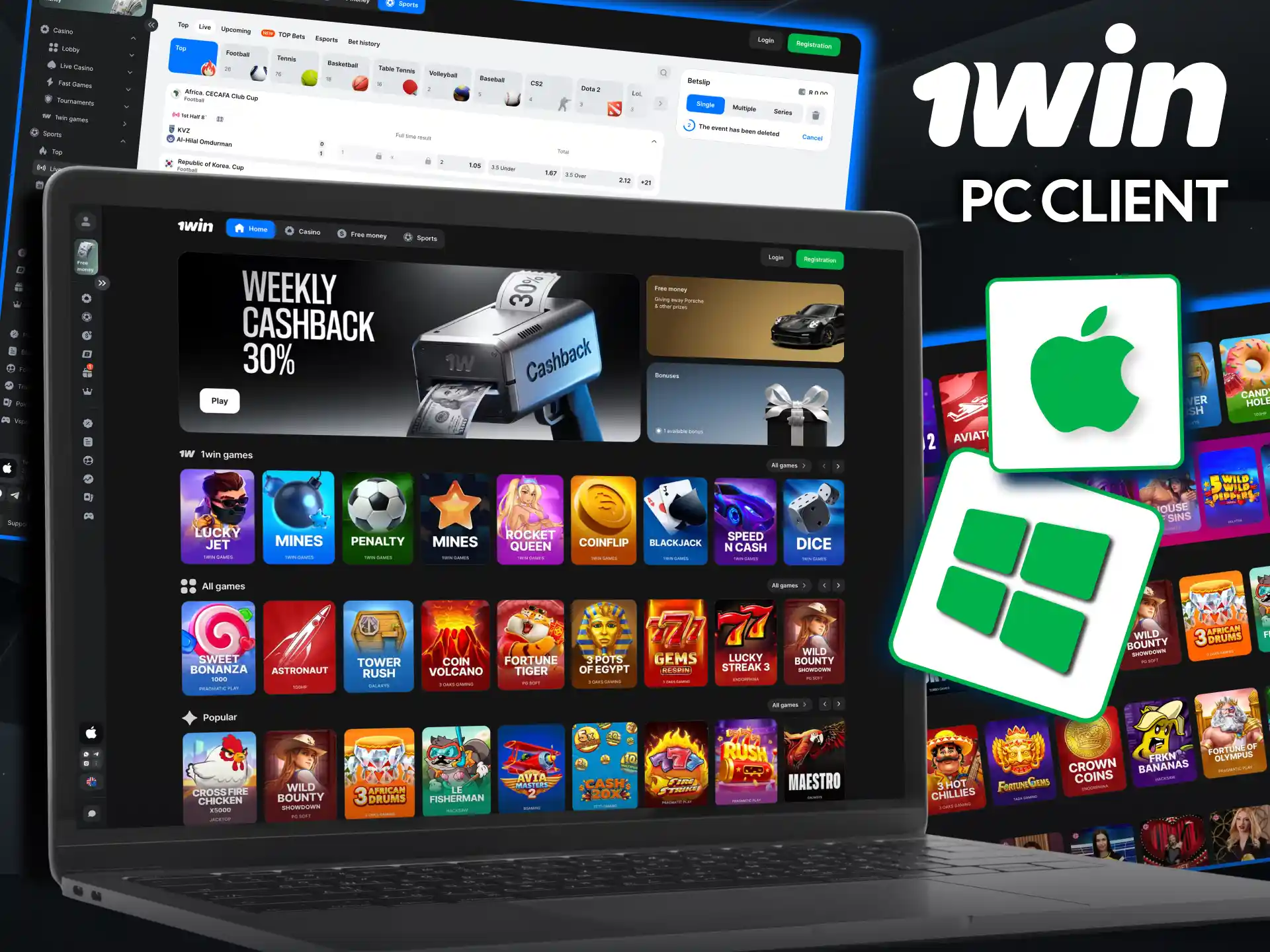 Access 1win features directly via browser on Windows or Mac.