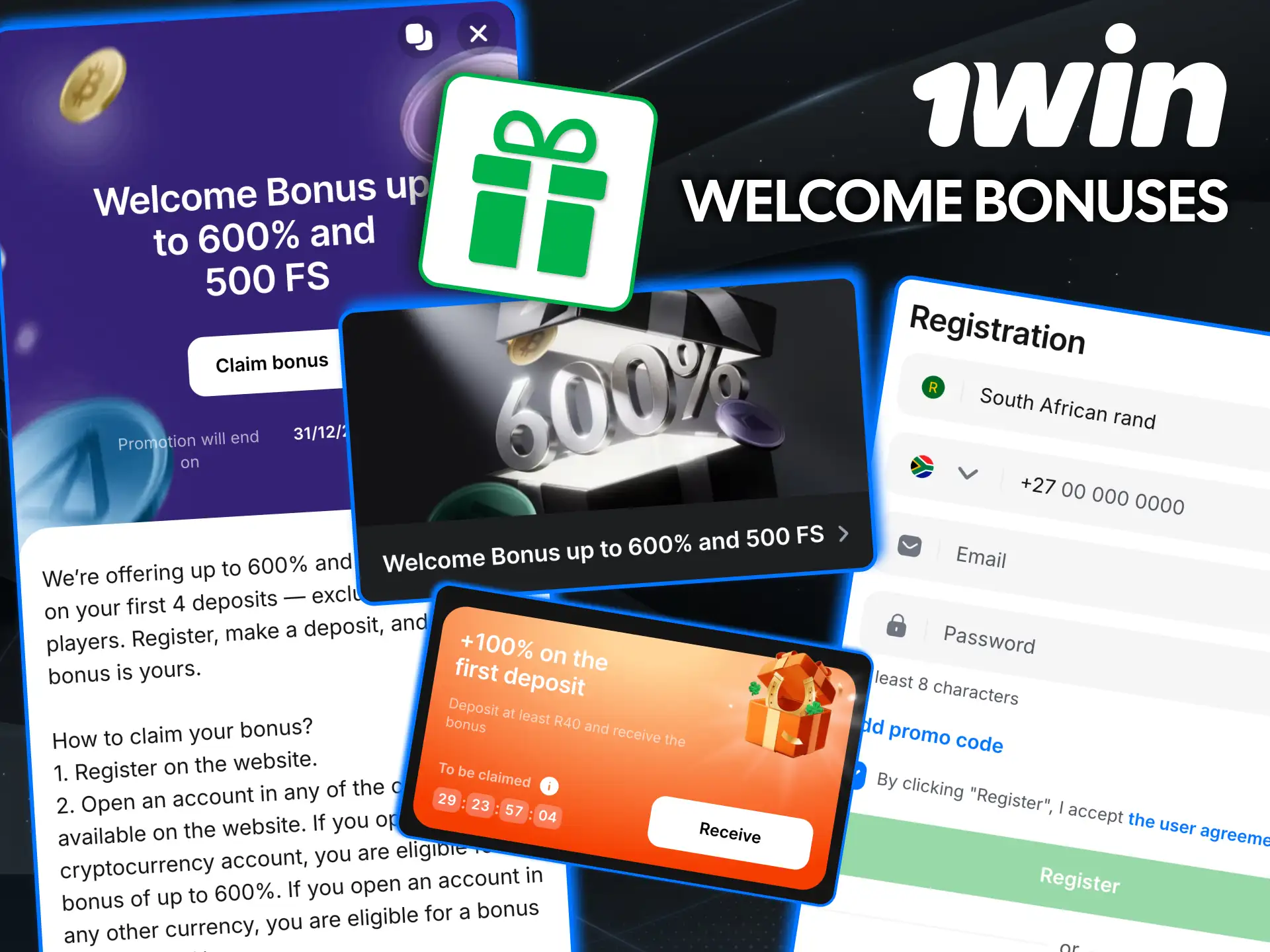 South Africans claim 1win welcome package with deposits and free spins.