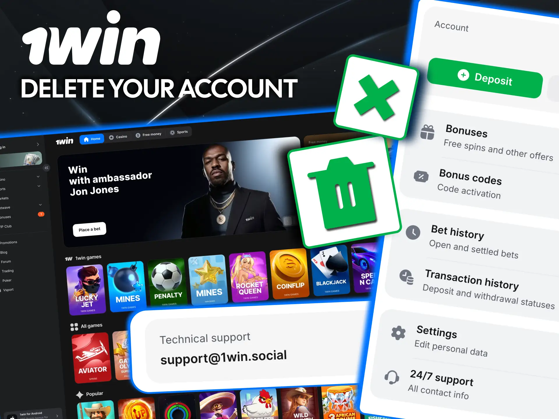 Request 1win account deletion via live chat.