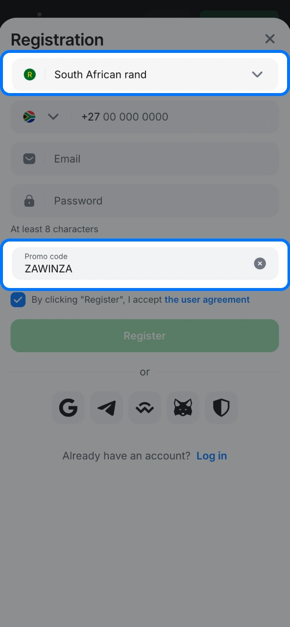 South Africans select ZAR and apply 1win bonus.