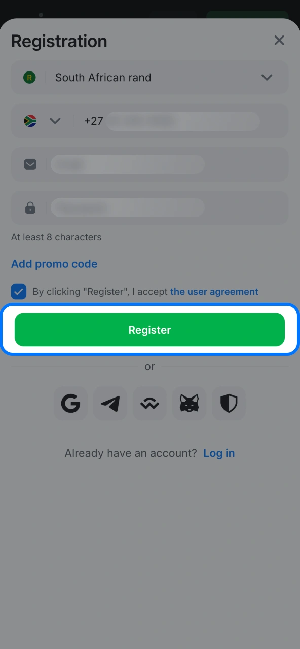 Confirm signup by validating 1win credentials.