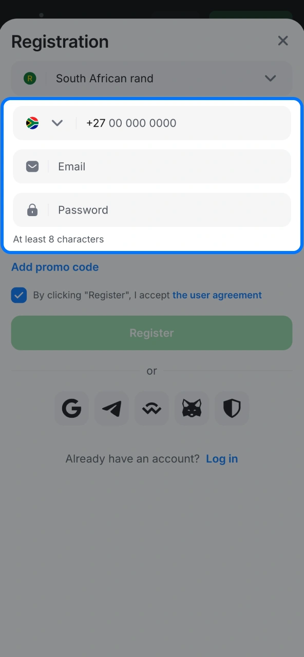 South Africans input email or phone on 1win.