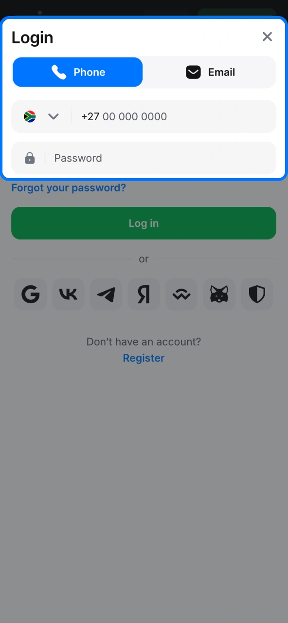 Provide 1win account data to start session.