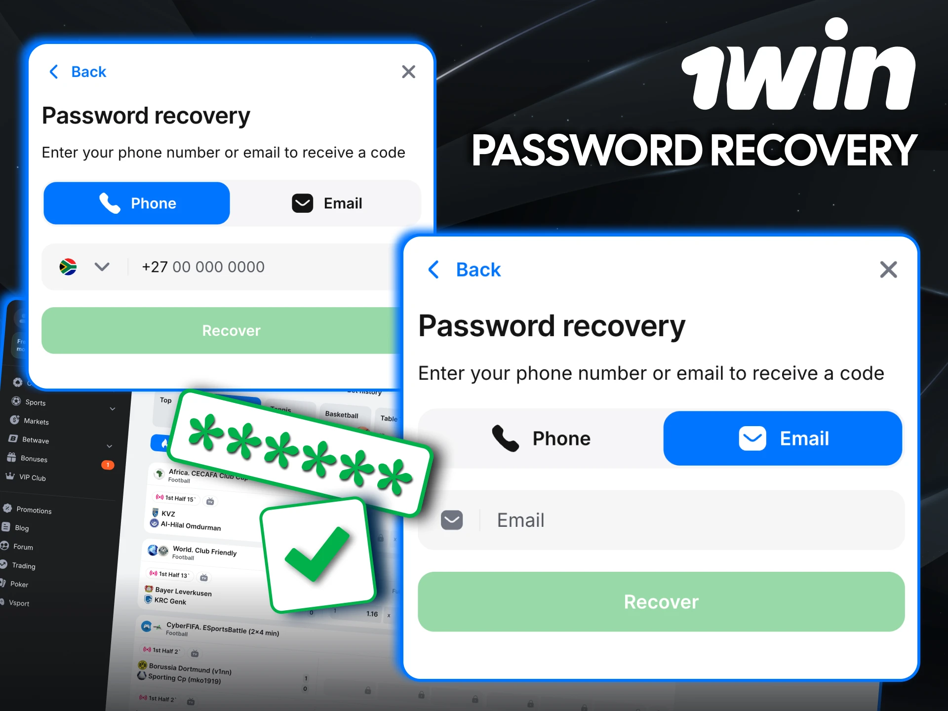 Recover 1win account password via email or phone.